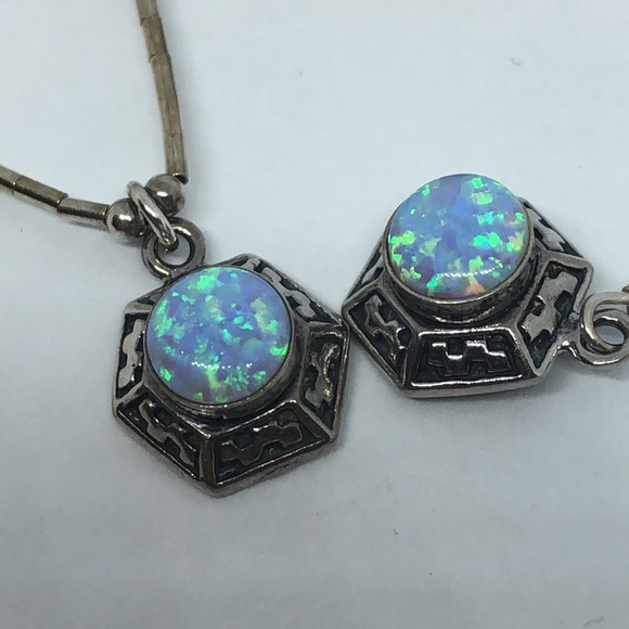Silver set: earrings and necklace with blue Opal - Picture 4 of 9